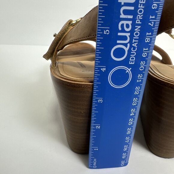 Johnston and Murphy Brown Leather Open Toe Wedges Wooden Heel Gold Buckle Sz 10 - Picture 6 of 10